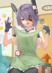 Rule 34 | 1girl, apron, areola slip, bikini, black gloves, blush, breasts, commentary request, eyepatch, fingerless gloves, flower, gloves, headgear, indoors, kantai collection, kindergarten, large breasts, long hair, looking at viewer, micro bikini, name tag, necktie, oonaka ito, open clothes, open mouth, partially fingerless gloves, pleated skirt, purple hair, red eyes, short hair, sitting, skindentation, skirt, solo, sweatdrop, swimsuit, tenryuu (kancolle), thighhighs, toy