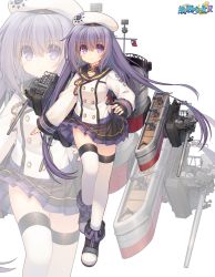 Rule 34 | 1girl, beret, black skirt, buttons, cannon, double-breasted, full body, hat, jacket, long hair, long sleeves, machinery, miniskirt, pleated skirt, purple eyes, purple hair, shenbei xiaoqiu, skirt, smokestack, standing, tan yang (warship girls r), thighhighs, warship girls r, white headwear, white jacket, white thighhighs, yukikaze (warship girls r)