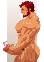 Rule 34 | 1boy, abs, ass, bara, blush, censored, completely nude, erection, fate/zero, fate (series), heavy breathing, iskandar (fate), karakuraax, large pectorals, large penis, male focus, manly, mature male, mosaic censoring, muscular, muscular male, nipples, nude, pectorals, penis, pubic hair, red eyes, red hair, short hair, simple background, smirk, solo, spiked hair, sweat, sweatdrop, teeth, testicles, thick arms, thick eyebrows, thick thighs, thighs, white background