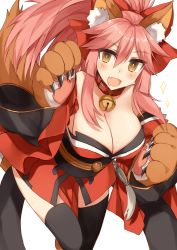 Rule 34 | 10s, @ @, animal ears, animal hands, bad id, bad pixiv id, bare shoulders, bell, black thighhighs, blush, breasts, cat paws, cleavage, collar, collarbone, commentary request, detached sleeves, fang, fate/extra, fate/extra ccc, fate/grand order, fate (series), fox ears, fox tail, gloves, highres, japanese clothes, jingle bell, kinona, large breasts, long hair, looking at viewer, neck bell, open mouth, paw gloves, paw shoes, pink hair, ponytail, shoes, simple background, solo, tail, tamamo (fate), tamamo cat (fate), tamamo cat (first ascension) (fate), thighhighs, white background, yellow eyes