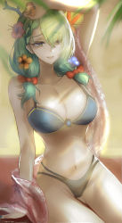 Rule 34 | 1girl, antlers, arm up, bikini, breasts, ceres fauna, cleavage, flower, green hair, hair flower, hair ornament, highres, hololive, hololive english, horns, large breasts, looking at viewer, mole, mole under eye, navel, sitting, smile, solo, sunlight, swimsuit, tommy (kingdukeee), virtual youtuber, yellow eyes