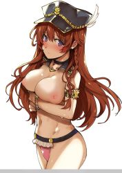 Rule 34 | 10s, 1girl, armlet, beads, bikini, black hat, blush, bracelet, braid, breast hold, breasts, brown hair, choker, closed mouth, colored eyelashes, cowboy shot, detached collar, embarrassed, feathers, female focus, frilled bikini, frills, from side, granblue fantasy, hair between eyes, hair tie, hat, hat feather, jewelry, jpeg artifacts, katsurai yoshiaki, large breasts, lecia (granblue fantasy), legs together, light smile, long hair, looking at viewer, looking back, navel, nipples, peaked cap, pink bikini, puffy nipples, purple eyes, raised eyebrows, side braid, simple background, single braid, smile, solo, standing, swimsuit, topless, very long hair, white background