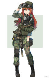 1girl absurdres camouflage camouflage_jacket camouflage_pants flecktarn gas_mask glock green_hat gun handgun hat highres jacket long_hair mask ndtwofives orange_hair original pants rifle sig_mcx stalker_(game) suppressor tactical_clothes ukrainian_flag weapon