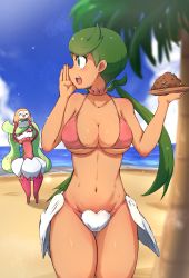 Rule 34 | 1girl, absurdres, beach, bikini, blue sky, breasts, cloud, collarbone, creatures (company), dark-skinned female, dark skin, day, food, game freak, gen 7 pokemon, green hair, highres, large breasts, long hair, looking at another, mallow (pokemon), navel, nintendo, ocean, open mouth, outdoors, palm tree, pink bikini, pokemon, pokemon (creature), pokemon sm, robert m, rowlet, sky, swimsuit, thighs, tree, tsareena, twintails