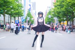Rule 34 | 1girl, black eyes, black footwear, black hair, black ribbon, black skirt, black thighhighs, blurry, blurry background, city, closed mouth, commentary request, contrapposto, cosplay, cosplay photo, crowd, day, depth of field, frilled shirt, frills, full body, high heels, highres, idolmaster, idolmaster shiny colors, legs apart, long hair, long sleeves, looking at viewer, mayuzumi fuyuko, mayuzumi fuyuko (cosplay), neck ribbon, outdoors, photo (medium), pink shirt, ribbon, road, shirt, shoes, skirt, skirt hold, smile, solo focus, standing, street, suspender skirt, suspenders, thighhighs, tree, two side up, zettai ryouiki, zipper
