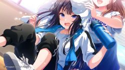 Rule 34 | 2girls, black hair, bottle, brown hair, cygames, drink, flying sweatdrops, gym uniform, highres, holding, holding drink, idoly pride, knees up, messy hair, multiple girls, official art, open mouth, pants, purple eyes, shirt, shoes, sweat, sweatpants, t-shirt, towel, towel on head, water, water bottle, wet