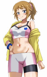 Rule 34 | 1girl, absurdres, bike shorts, blue eyes, blush, bracelet, breasts, brown hair, cleavage, closed mouth, collarbone, commentary request, cowboy shot, groin, gundam, gundam build fighters, gundam build fighters try, hair ornament, hair scrunchie, hand on own hip, highres, hoshino fumina, jacket, jewelry, long sleeves, looking at viewer, medium breasts, midriff, navel, nootomo, off shoulder, pink scrunchie, pink shorts, pink sports bra, ponytail, scrunchie, shorts, sidelocks, simple background, single bare shoulder, smile, solo, sports bra, standing, two-tone sports bra, white background, white shorts, white sports bra, yellow jacket
