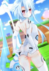 Rule 34 | 10s, 1girl, ahoge, ass, ass focus, bad id, bad pixiv id, bare shoulders, blanc (neptunia), blue hair, blush, bodysuit, breasts, elbow gloves, fantasy, gauntlets, gloves, haru blanc0316, highres, leotard, light blue hair, looking at viewer, looking back, navel, neptune (series), open mouth, parted lips, power symbol, power symbol-shaped pupils, red eyes, shin jigen game neptune vii, short hair, short hair with long locks, sidelocks, small breasts, solo, symbol-shaped pupils, thighhighs, tight clothes, white heart (neptunia), white leotard, white thighhighs