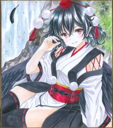 Rule 34 | 1girl, bird wings, black bow, black feathers, black hair, black kimono, black thighhighs, black wings, bow, breasts, closed mouth, commentary request, detached sleeves, feathered wings, feathers, hajike akira, happy, hat, highres, japanese clothes, kimono, kourindou tengu costume, long sleeves, obi, outdoors, pointy ears, red eyes, red hat, red ribbon, red sash, ribbon, ribbon-trimmed thighhighs, ribbon trim, sash, shameimaru aya, sitting, small breasts, smile, solo, tassel, thighhighs, tokin hat, touhou, traditional media, water, waterfall, white kimono, white sleeves, wide sleeves, wings, yokozuwari