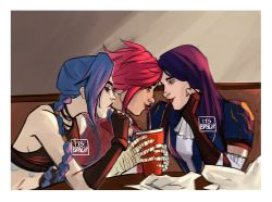 Rule 34 | 3girls, arcane: league of legends, arcane caitlyn, arcane jinx, arcane vi, artist name, bandages, blue hair, blush, caitlyn (league of legends), drinking straw, drinking straw in mouth, eye contact, highres, itsbrych, jinx (league of legends), league of legends, looking at another, multiple girls, red hair, shared drink, short hair, sitting, twintails, vi (league of legends), yuri