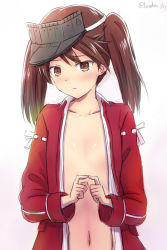 Rule 34 | 10s, 1girl, bad id, bad pixiv id, blush, brown eyes, brown hair, fidgeting, flat chest, index fingers together, kanden sky, kantai collection, looking at viewer, navel, no bra, open clothes, open shirt, ryuujou (kancolle), shirt, solo, twintails, upper body, visor cap, white background