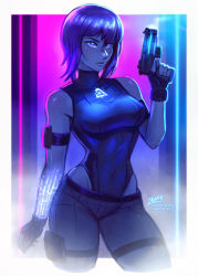 Rule 34 | 1girl, arm tattoo, black leotard, breasts, commentary, covered navel, cowboy shot, cyberpunk, distortion, english commentary, facing viewer, finger on trigger, ghost in the shell, ghost in the shell: sac 2045, ghost in the shell stand alone complex, glowing tattoo, gun, handgun, highleg, highleg leotard, holding, holding gun, holding weapon, iahfy, kusanagi motoko, leotard, lowleg, lowleg pants, medium breasts, medium hair, multicolored background, neon lights, neon trim, pants, pistol, pouch, purple eyes, purple hair, science fiction, smoke, smoking barrel, solo, standing, sunset, synthwave, tattoo, thigh pouch, thigh strap, thighs, weapon, wireframe