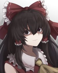 Rule 34 | 1girl, black eyes, black hair, bow, check commentary, closed mouth, commentary request, crazy eyes, frilled bow, frills, hair between eyes, hair bow, hair tubes, hakurei reimu, highres, long hair, looking at viewer, red bow, shaded face, solo, touhou, upper body, yellow neckwear, yonaga san