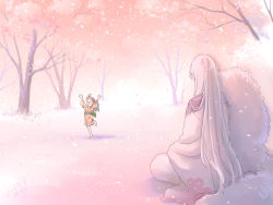 Rule 34 | 1boy, 1girl, barefoot, cherry blossoms, child, from behind, fur, inuyasha, japanese clothes, kimono, long hair, pale color, pink theme, pointy ears, rin (inuyasha), sesshoumaru, signature, smile, tokiko (psychopomp), tree, white hair