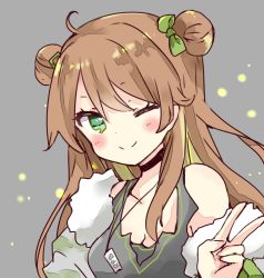 Rule 34 | 1girl, ;), ahoge, bad id, bad pixiv id, bare shoulders, blush, bow, brown hair, camouflage, camouflage jacket, closed mouth, commentary, double bun, dress, fur-trimmed sleeves, fur trim, girls&#039; frontline, green bow, green eyes, grey background, grey dress, hair between eyes, hair bow, hair bun, highres, jacket, long hair, off shoulder, one eye closed, open clothes, open jacket, rfb (girls&#039; frontline), simple background, sleeveless, sleeveless dress, smile, solo, tsukiyo (skymint), upper body