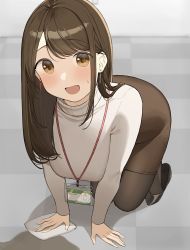 Rule 34 | 1girl, :d, all fours, blush, breasts, brown eyes, brown hair, commentary, earrings, high-waist skirt, highres, holding, id card, jewelry, lanyard, long hair, long sleeves, looking at viewer, napkin, office lady, ol-chan (ol mahonanoka), ol mahonanoka, open mouth, original, pantyhose, skirt, smile, solo, sweater, swept bangs, turtleneck, turtleneck sweater