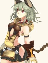 Rule 34 | 10s, 1girl, :3, animal ears, bad id, bad pixiv id, breasts, claw (weapon), claws, collar, erune, gloves, granblue fantasy, hair between eyes, hip vent, hotaru (applehit), long hair, red eyes, sen (granblue fantasy), silver hair, simple background, skirt, small breasts, smile, solo, weapon