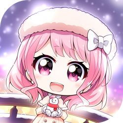 Rule 34 | 1girl, ;q, amahane (n amaha), bang dream!, beret, blush, bow, buttons, capelet, chibi, coat, commentary request, double-breasted, fur-trimmed capelet, fur hat, fur trim, hair bow, hair down, hat, holding, looking at viewer, lowres, maruyama aya, medium hair, mittens, one eye closed, pink hair, purple eyes, red scarf, scarf, snow, snowing, snowman, solo, tongue, tongue out, white bow, white hat, winter clothes