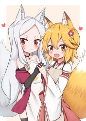 Rule 34 | 2girls, :3, :d, animal ear fluff, animal ears, apron, black gloves, black legwear, blonde hair, blush, brown apron, brown background, brown eyes, closed mouth, dress, elbow gloves, facial mark, fang, flower, fox ears, fox girl, fox tail, gloves, hair between eyes, hair flower, hair ornament, hakama, hakama skirt, heart, highres, holding hands, interlocked fingers, japanese clothes, jiu (sdesd3205), kimono, long hair, miko, multiple girls, open mouth, parted bangs, red eyes, red flower, red hakama, ribbon-trimmed sleeves, ribbon trim, senko (sewayaki kitsune no senko-san), sewayaki kitsune no senko-san, shiro (sewayaki kitsune no senko-san), short eyebrows, silver hair, skirt, smile, strapless, strapless dress, tail, tail raised, thick eyebrows, thighhighs, two-tone background, v-shaped eyebrows, very long hair, white background, white dress, white kimono, wide sleeves