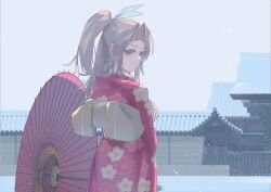Rule 34 | 1girl, absurdres, alternate costume, brown eyes, brown hair, fei (feikotake), floral print, from behind, hair intakes, high ponytail, highres, japanese clothes, kantai collection, kimono, long hair, looking at viewer, looking back, obi, oil-paper umbrella, red kimono, sash, shrine, snow, solo, umbrella, zuihou (kancolle)