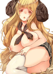 Rule 34 | 10s, 1girl, adjusting clothes, adjusting legwear, anila (granblue fantasy), ass, blonde hair, blunt bangs, breasts, chestnut mouth, covering nipples, covering privates, draph, female focus, granblue fantasy, highres, horns, kurokuro, large breasts, long hair, looking at viewer, neckerchief, open mouth, red eyes, sheep horns, shiny skin, simple background, skirt, solo, tareme, thighhighs, thighs, topless, very long hair, white background, white thighhighs
