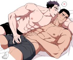 Rule 34 | 2boys, abs, averting eyes, balnom, bara, bulge, couple, cowboy shot, erection, erection under clothes, foreplay, handjob, handjob over clothes, heart, large pectorals, lying, lying on person, male focus, mature male, multiple boys, muscular, muscular male, navel, navel hair, nipples, on back, original, pectorals, seductive smile, smile, sparse stubble, spoken heart, stomach, thick eyebrows, thick thighs, thighs, topless male, underwear, yaoi