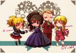 Rule 34 | 07th expansion, 2boys, 2girls, ^ ^, androgynous, arm behind head, ascot, azuki (lizzy), black socks, blonde hair, blue eyes, blush, boots, brown hair, chibi, closed eyes, earrings, embarrassed, english text, family, fang, flower, gift, holding, holding behind back, jewelry, kneehighs, multiple boys, multiple girls, necktie, no naku koro ni (series), ponytail, rose, side ponytail, socks, sweat, umineko no naku koro ni, ushiromiya jessica, ushiromiya krauss, ushiromiya lion, ushiromiya natsuhi