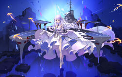 Rule 34 | 1girl, absurdres, alternate costume, azur lane, blue flower, blue ribbon, breasts, chinese commentary, detached collar, dress, flight deck, floating hair, flower, garter straps, gauntlets, hair flower, hair ornament, high heels, highres, holding, holding sword, holding weapon, illustrious (azur lane), lace, lace-trimmed legwear, lace trim, large breasts, long dress, long hair, pumps, ribbon, shoes, solo, stiletto heels, strapless, strapless dress, sword, thighhighs, weapon, white dress, white footwear, white garter straps, white hair, white thighhighs, wings, xiaoli (1507)