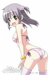 Rule 34 | 1girl, bikini, bracelet, breasts, hair bobbles, hair ornament, hayate no gotoku!, jewelry, looking at viewer, looking back, medium breasts, open mouth, pink bikini, purple hair, red eyes, segawa izumi, short hair, side-tie bikini bottom, side ponytail, smile, solo, swimsuit, thighhighs, twintails, white background, white thighhighs