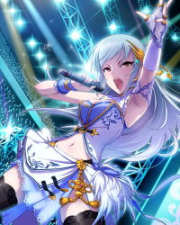 Rule 34 | 10s, 1girl, armpits, artist request, breasts, brown eyes, cleavage, earrings, fingerless gloves, gloves, hair ornament, idolmaster, idolmaster cinderella girls, jewelry, long hair, microphone, music, navel, official art, open mouth, serious, silver hair, singing, skirt, solo, takamine noa, thighhighs, zettai ryouiki