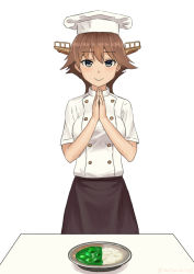 Rule 34 | 1girl, alternate costume, apron, bad food, brown hair, chef hat, chef, commentary request, curry, curry rice, food, grey eyes, hat, headgear, hiei (kancolle), highres, kantai collection, looking at viewer, misumi (niku-kyu), own hands together, rice, simple background, smile, solo, table, twitter username, white background