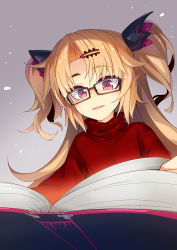 Rule 34 | 1girl, akatsuki uni, black-framed eyewear, blonde hair, book, commentary request, fangs, glasses, grey background, hair ornament, hairclip, highres, long hair, looking at viewer, ogami kazuki, open book, parted bangs, parted lips, red eyes, red sweater, solo, sweater, thick eyebrows, two side up, uni create, upper body, virtual youtuber