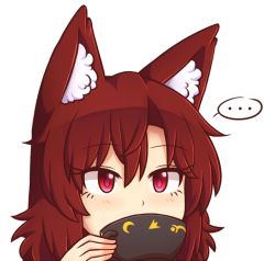 Rule 34 | ..., 1girl, animal ear fluff, animal ears, blush, brown hair, commentary, cup, english commentary, eyelashes, hair between eyes, holding, holding cup, imaizumi kagerou, long hair, looking at viewer, red eyes, simple background, solo, spoken ellipsis, teacup, touhou, white background, wolf ears, wool (miwol)