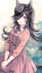 Rule 34 | 1girl, animal ears, black hair, black hat, black ribbon, blurry, blurry background, brown jacket, collared shirt, hair over one eye, hair ribbon, hat, highres, horse ears, horse girl, horse tail, jacket, long hair, long sleeves, looking at viewer, migolu, open clothes, open jacket, open mouth, own hands together, pink shirt, pink skirt, purple eyes, ribbon, rice shower (umamusume), shirt, skirt, smile, solo, standing, tail, tilted headwear, umamusume