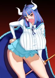 Rule 34 | 47 hard, blue hair, breasts, brown eyes, highres, horn ornament, horns, huge breasts, leaning forward, looking at viewer, mask, nipples, one piece, simple background, tagme, ulti (one piece)