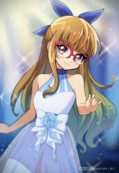 Rule 34 | 1girl, alternate costume, bare arms, blue bow, blue flower, bow, brown hair, closed mouth, collarbone, dress, flower, glasses, hair bow, highres, long hair, looking at viewer, ohdo yuamu, purple eyes, raijin-bh, red-framed eyewear, sleeveless, sleeveless dress, smile, solo, twitter username, very long hair, white bow, white dress, yu-gi-oh!, yu-gi-oh! go rush!!