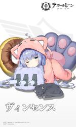 Rule 34 | 1girl, anchor symbol, animal, animal ears, animal hood, azur lane, barefoot, black cat, blue eyes, blue hair, blush, cat, cat ears, cat hood, cat pajamas, cat tail, closed eyes, closed mouth, commentary request, copyright name, half-closed eye, head rest, head tilt, hood, long hair, long sleeves, looking at viewer, official art, one eye closed, pajamas, pink pajamas, sky-freedom, sleepy, solo, stuffed toy, tail, very long hair, vincennes (azur lane), vincennes (sweet dreams) (azur lane), watermark