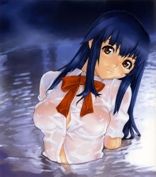 Rule 34 | 1girl, blue hair, breasts, brown eyes, hakua ugetsu, highres, long hair, medium breasts, nipples, parhelia, partially submerged, scan, see-through, solo, water, wet, wet clothes