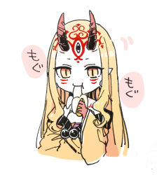 Rule 34 | 1girl, :t, banana, bare shoulders, blonde hair, closed mouth, eating, facial mark, fate/grand order, fate (series), food, forehead mark, fruit, holding, holding food, horns, ibaraki douji (fate), japanese clothes, kimono, long hair, long sleeves, looking at viewer, oni, oni horns, orange eyes, sofra, solo, very long hair, white background, wide sleeves, yellow kimono