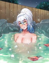 Rule 34 | 1girl, absurdres, blue hair, blush, breasts, cleavage, frosty (frosty winds), green eyes, highres, jsama, large breasts, long hair, looking at viewer, multicolored hair, night, onsen, original, outdoors, ponytail, second-party source, solo, white hair