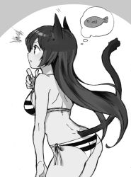Rule 34 | 1girl, animal ears, ass, bikini, cat ears, cat girl, cat tail, commentary, dimples of venus, fish, greyscale, halterneck, itsumi mita, long hair, monochrome, original, parted lips, profile, side-tie bikini bottom, solo, striped bikini, striped clothes, swimsuit, tail, thought bubble