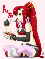 Rule 34 | 00s, 1girl, belt, bikini, bikini top only, bowl, breasts, cleavage, curry, eating, egg, female focus, fingerless gloves, food, full body, gloves, hair ornament, indian style, long hair, nagian, open mouth, pink thighhighs, ponytail, red hair, rice, scarf, short shorts, shorts, simple background, sitting, solo, sweat, swimsuit, tengen toppa gurren lagann, thighhighs, tongue, yellow eyes, yoko littner