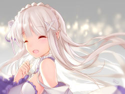 Rule 34 | 10s, 1girl, :d, ^ ^, artist name, bare shoulders, bison cangshu, blush, braid, closed eyes, detached sleeves, dress, elf, emilia (re:zero), eyebrows, closed eyes, flower, french braid, frilled sleeves, frills, from side, gem, hair flower, hair ornament, hair ribbon, jewelry, laughing, long hair, necklace, open mouth, pointy ears, re:zero kara hajimeru isekai seikatsu, revision, ribbon, silver hair, smile, solo, tareme, upper body, white dress, wind