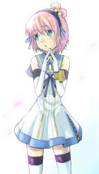 Rule 34 | 1girl, aqua eyes, bad id, bad pixiv id, black neckwear, blue sailor collar, choker, colored eyelashes, gloves, hairband, hourou, kanonno earhart, own hands together, pink hair, sailor collar, short hair, side ponytail, skirt, solo, tales of (series), tales of the world radiant mythology 2, thighhighs, white background, white thighhighs