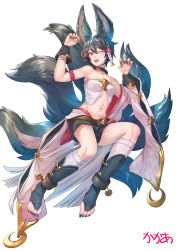 Rule 34 | 1girl, absurdres, animal ears, backless outfit, black hair, erune, female focus, fox ears, fox girl, fox tail, full body, granblue fantasy, hand on own ear, highres, large tail, looking at viewer, multiple tails, nail polish, nanjyolno, open mouth, side-tie legwear, sideless outfit, simple background, solo, tail, you (granblue fantasy)