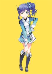 Rule 34 | 10s, 1girl, ;), aikatsu!, aikatsu! (series), black footwear, blue hair, blush, boots, buttons, double-breasted, full body, gloves, green eyes, hair ornament, hand on own hip, kiriya aoi, knee boots, long sleeves, looking at viewer, md5 mismatch, one eye closed, ponytail, resized, side ponytail, sidelocks, simple background, smile, solo, standing, starry sky print, tiv, wavy hair, white gloves, yellow background