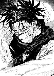 Rule 34 | 1boy, bad id, bad twitter id, blood, blood on face, bloodshot eyes, choso (jujutsu kaisen), closed mouth, greyscale, half-closed eyes, highres, japanese clothes, jujutsu kaisen, kimono, male focus, messy hair, monochrome, motion lines, portrait, sash, scarf, serious, solo, sweat, swept bangs, syrnrr, tattoo, tsurime, twintails, veins, white kimono, wide sleeves