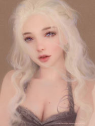 Rule 34 | 1girl, a song of ice and fire, blonde hair, breasts, cleavage, commentary, commentary request, daenerys targaryen, game of thrones, head tilt, long hair, looking at viewer, mole, mole on breast, open mouth, purple eyes, realistic, ruoxin zhang, simple background, solo, tagme, watermark, web address