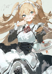 Rule 34 | 1girl, apron, black dress, blue eyes, blush, cake, cake slice, closed mouth, commentary, corset, dress, finger to mouth, food, grey background, hand up, highres, holding, holding tray, juliet sleeves, licking lips, light brown hair, long hair, long sleeves, looking at viewer, maid, maid apron, maid headdress, neck ribbon, necktie, original, potg (piotegu), puffy sleeves, red necktie, ribbon, signature, simple background, solo, strawberry shortcake, teapot, tongue, tongue out, tray, two side up, white apron