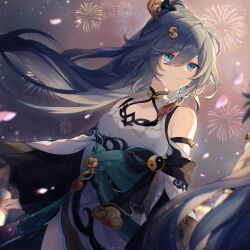 Rule 34 | 1girl, bare shoulders, bird hair ornament, blue eyes, blue hair, cherry blossoms, china dress, chinese clothes, cleavage cutout, closed mouth, clothing cutout, detached sleeves, dress, earrings, fireworks, flower, fu hua, fu hua (azure empyrea), grey hair, hair ornament, hair over one eye, hairpin, hanfu, high ponytail, highres, honkai (series), honkai impact 3rd, jewelry, light smile, long hair, mangzhi yaoyao, night, paintbrush, paintbrush hair ornament, pink flower, pleated sleeves, ponytail, shoulder cutout, single earring, solo, tassel, tassel earrings, upper body, very long hair, white dress, wide sleeves, yin yang